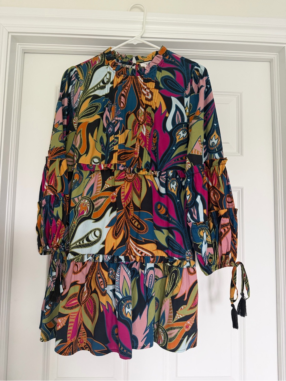 Allison NY Multicolor Leaf-Print Tiered Long Sleeve Dress